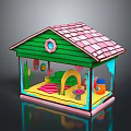Small Colorful House with Green Exterior Pink Tiled Roof Transparent Windows and Playful Interior