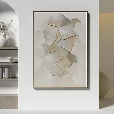Abstract Painting With Geometric Shapes In Beige And Light Gray Hanging On Modern Wall 3d model