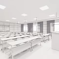 School Classroom With Rows Of White Desks Yellow Chairs Large Screen Windows And Ceiling Lights