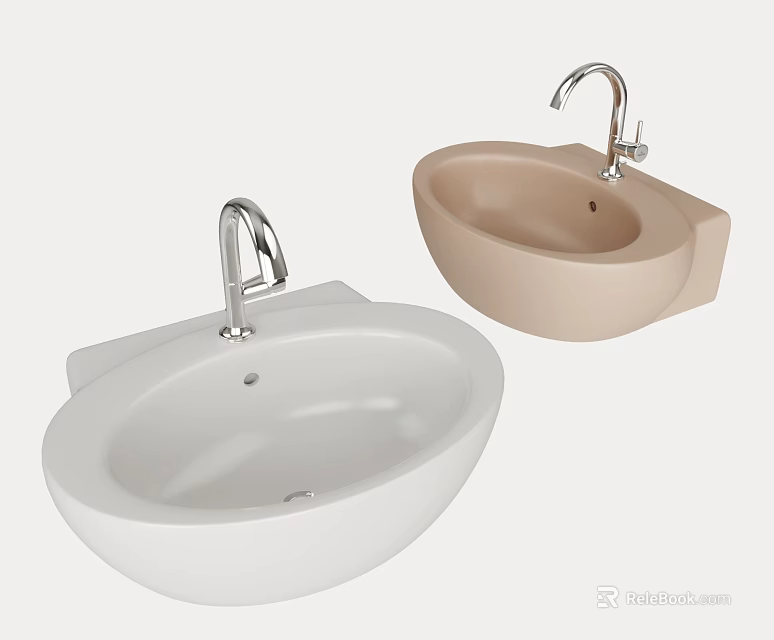 Modern Wall Mounted Washbasins in White and Beige with Chrome Faucets Design 3d model 