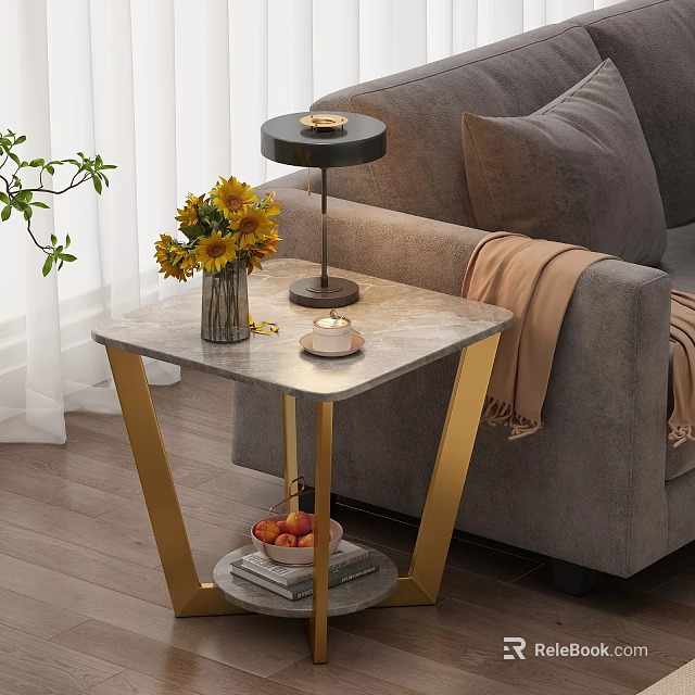 Modern Side Table With Golden Legs Marble Top Sunflower Vase Gray Sofa And Brown Blanket 3d model 