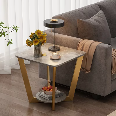 Modern Side Table With Golden Legs Marble Top Sunflower Vase Gray Sofa And Brown Blanket 3d model
