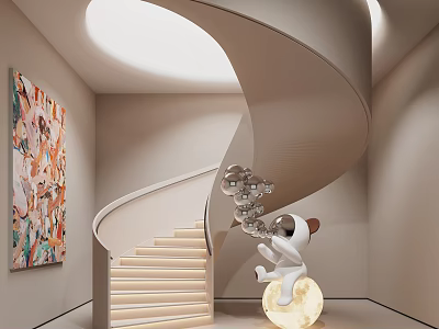 Modern Spiral Staircase in Stylish Interior with Colorful Abstract Painting White Sculpture and Metallic Spherical Decorations 3d model