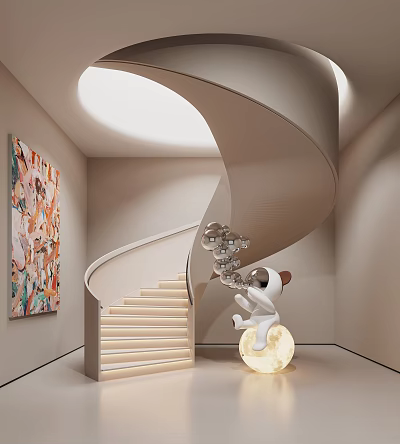 Modern Spiral Staircase in Stylish Interior with Colorful Abstract Painting White Sculpture and Metallic Spherical Decorations 3d model
