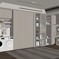 Modern Laundry Room Interior With Washing Machines Cabinets And Shelves