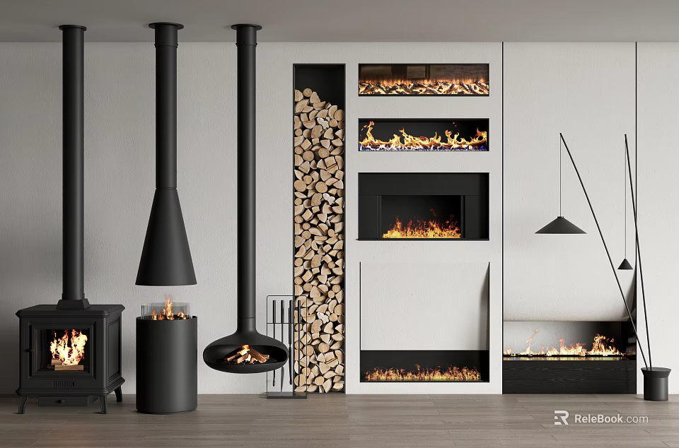 Modern Interior Design Featuring Various Fireplaces With Firewood Stack And Black Hanging Chimneys 3d model 