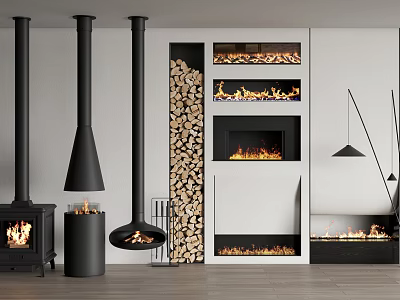 Modern Interior Design Featuring Various Fireplaces With Firewood Stack And Black Hanging Chimneys 3d model