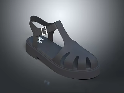 Black Plastic Sandals with Thick Sole Cutout Design and Buckle Strap 3d model