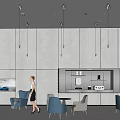 Modern Casual Lounge Area Interior With Blue White Chairs Tables Ceiling Lights And Car Screen