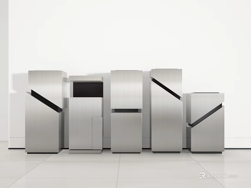 Modern Public Facility With Silver Metal Modular Units And Black Display Screen 3d model