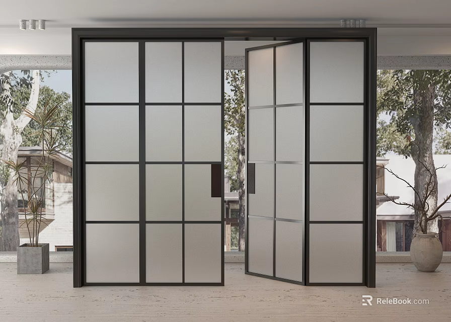 Modern Double Doors With Black Frame Frosted Glass Grid Design For Indoor Outdoor Space 3d model 