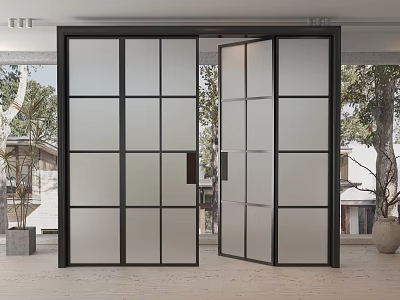 Modern Double Doors With Black Frame Frosted Glass Grid Design For Indoor Outdoor Space 3d model