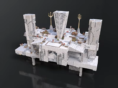 3D Stone Altar Building Structure With Trident And Offerings On Stone Platform 3d model
