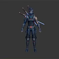 Futuristic Game Character In Blue Black Armor With Katana Swords And Glowing Accents