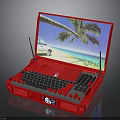 Red Portable Electronic Device With Screen Showing Beach Scene Palm Tree Car And Keyboard