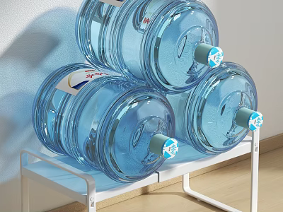 White Storage Rack Holding Three Large Blue Water Jugs Indoors 3d model