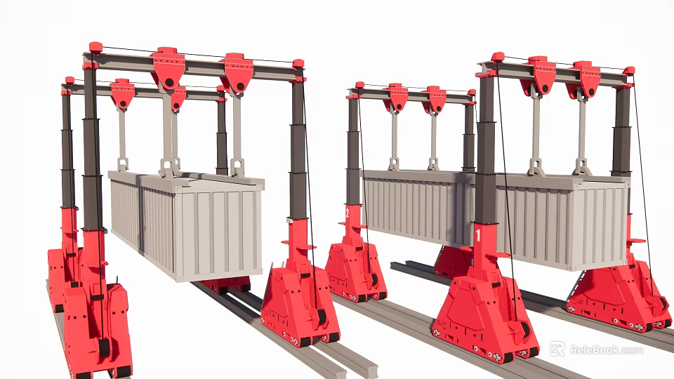 Red Industrial Equipment With Multiple Arms And Rail Tracks Handling Gray Containers 3d model 