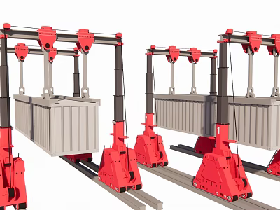 Red Industrial Equipment With Multiple Arms And Rail Tracks Handling Gray Containers 3d model