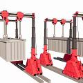 Red Industrial Equipment With Multiple Arms And Rail Tracks Handling Gray Containers