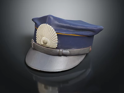 Blue Uniform Cap With Gold Stripe And Fan Shaped Badge Gray Brim 3d model