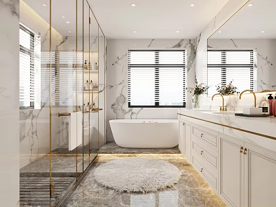 Elegant Bathroom Interior With Marble Surfaces Glass Shower Freestanding Bathtub And White Cabinets 3d model