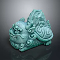 Green Jade Mythical Turtle Carving With Intricate Curved Lines And Shell Texture