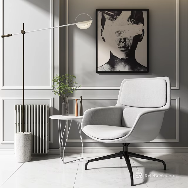 Light Gray Accent Chair In Modern Room With Paneled Wall Floor Lamp And Potted Plant 3d model 