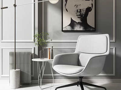 Light Gray Accent Chair In Modern Room With Paneled Wall Floor Lamp And Potted Plant 3d model