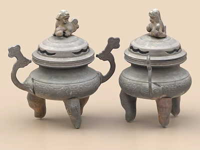 Ancient Carved Bronze Tripod Censers With Lion Ornament Lids And Curved Handles 3d model