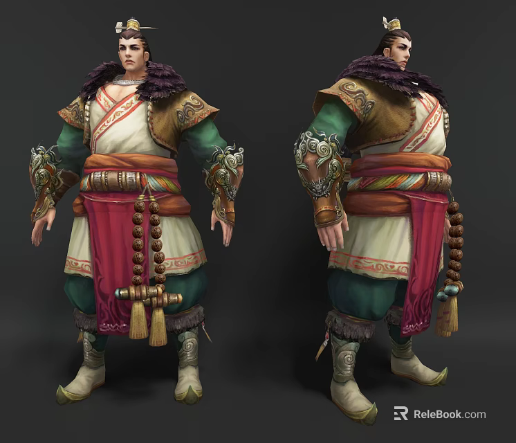 Traditional Game and Movie Character in Ornate Armor with Green White Outfit Tassels and Beads 3d model 