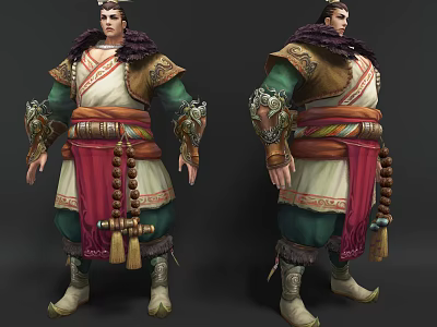 Traditional Game and Movie Character in Ornate Armor with Green White Outfit Tassels and Beads 3d model