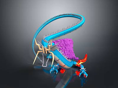 Blue Dragon Like Game Movie Character With Long Curved Body Purple Mane And Red Flames 3d model