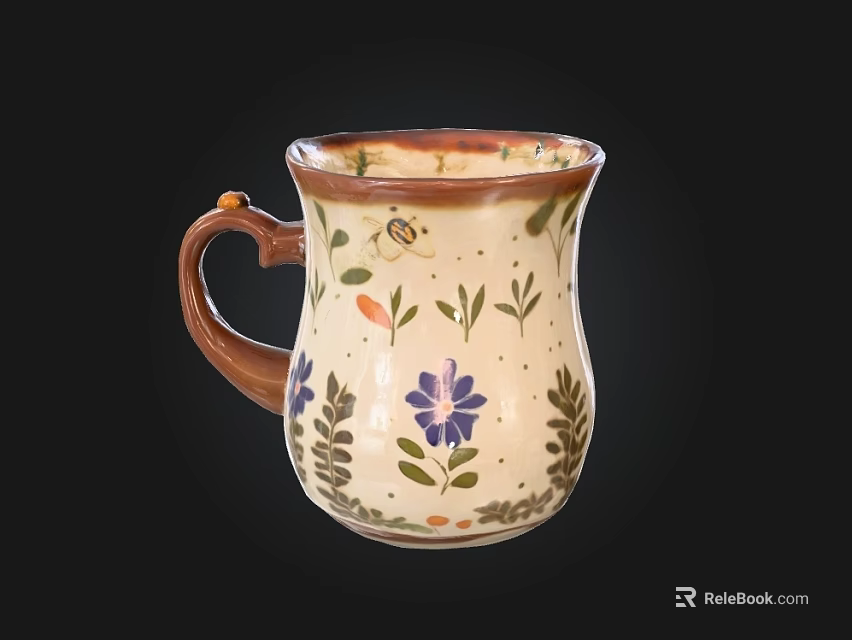 Decorative Ceramic Mug With Colorful Floral Patterns Brown Handle And Cream Body 3d model 
