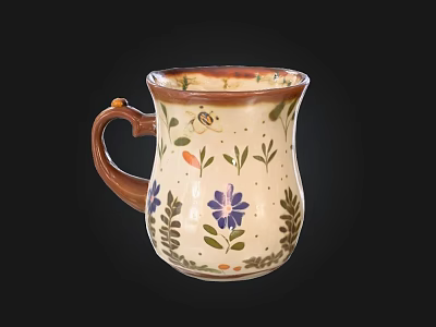 Decorative Ceramic Mug With Colorful Floral Patterns Brown Handle And Cream Body 3d model