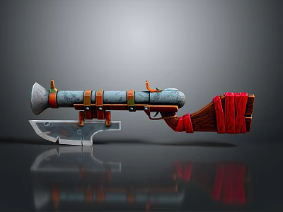 Fantasy Style Weapon With Blue Orange Striped Body Conical Front Silver Blade And Red Cloth 3d model