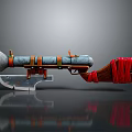 Fantasy Style Weapon With Blue Orange Striped Body Conical Front Silver Blade And Red Cloth