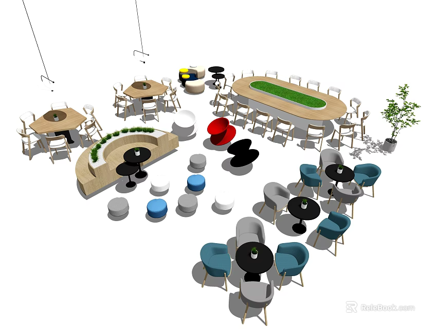 Modern Café Lounge With Colorful Table and Chair Sets Round Rectangular Tables and Hanging Lights 3d model 