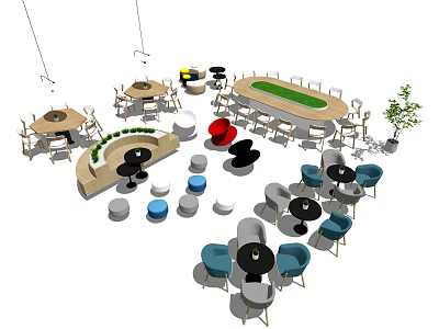 Modern Café Lounge With Colorful Table and Chair Sets Round Rectangular Tables and Hanging Lights 3d model