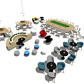 Modern Café Lounge With Colorful Table and Chair Sets Round Rectangular Tables and Hanging Lights