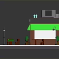 Charming Coffee Shop Exterior Scene With Green Awning Outdoor Tables And Street Lamps