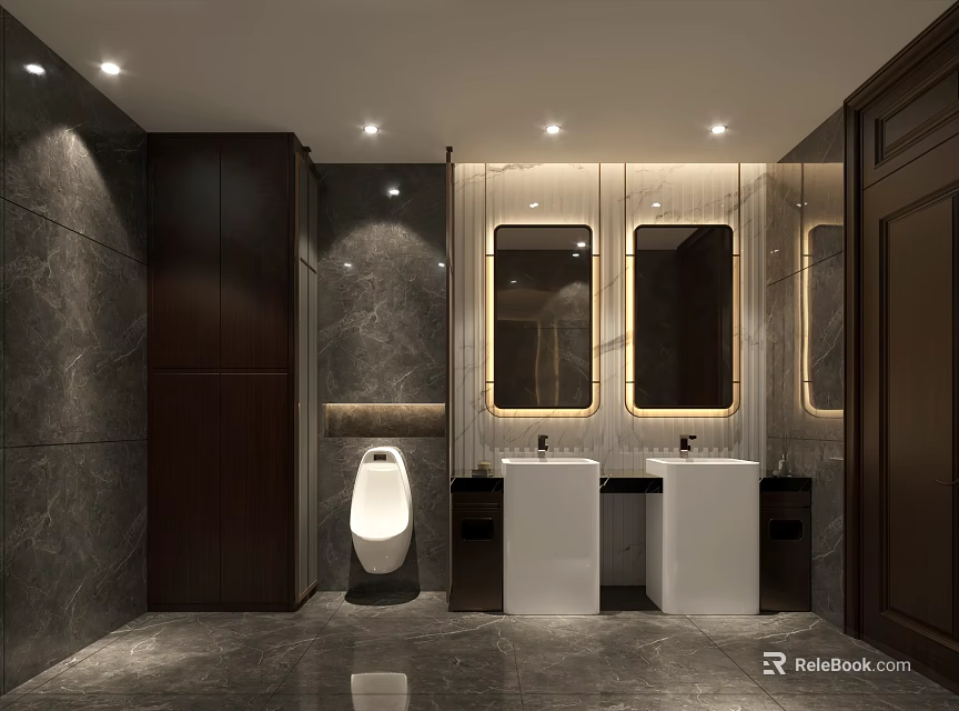 Modern Public Restroom With Marble Walls Double Sinks Urinal Mirrors And Elegant Lighting 3d model 