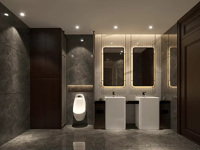 Modern Public Restroom With Marble Walls Double Sinks Urinal Mirrors And Elegant Lighting 3d model