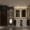 Modern Public Restroom With Marble Walls Double Sinks Urinal Mirrors And Elegant Lighting
