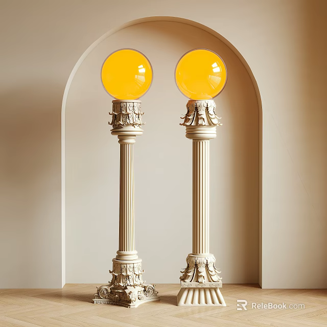 Elegant Two Floor Lamps With Yellow Spherical Shades And Decorative White Columns In Arched Alcove 3d model 