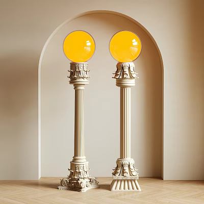 Elegant Two Floor Lamps With Yellow Spherical Shades And Decorative White Columns In Arched Alcove 3d model