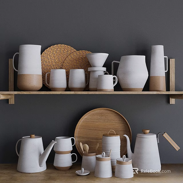 White Ceramic Dinnerware Set With Mugs Jugs Plates Wooden Tray And Wicker Placemats On Shelf 3d model 