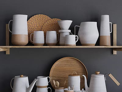 White Ceramic Dinnerware Set With Mugs Jugs Plates Wooden Tray And Wicker Placemats On Shelf 3d model