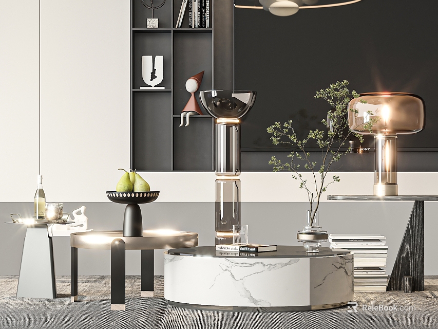 Modern Living Room Interior With Round Marble Coffee Table Decorative Lamps Green Plants And Fruits 3d model 