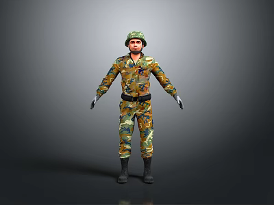 Game Movie Character In Military Camouflage Uniform With Helmet And Gloves Standing Pose 3d model