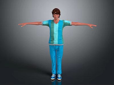 3D Character Model of Young Male Wearing Blue Striped Shirt Blue Pants With Arms Outstretched 3d model